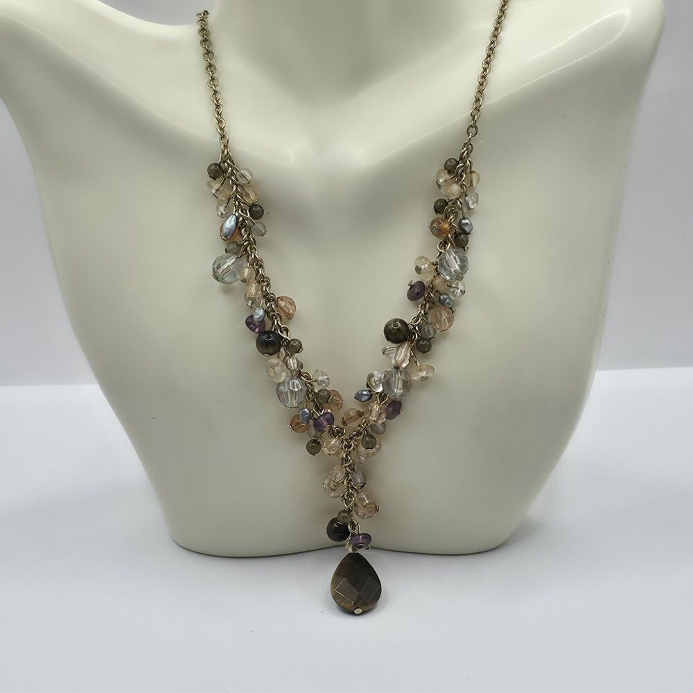VTG Avon Nina Ricci Y Necklace Boho Goldtone Chain Tiger Eye Pendant 18" +1 1/2"